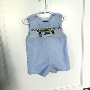 CANDYLAND Monkey Blue Gingham Smocked Short Romper Size 9M Bab